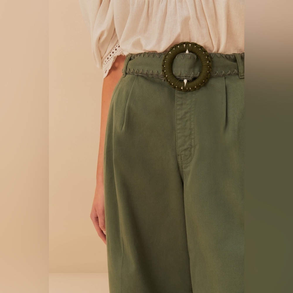 Farm Rio: Green Twill Pleated Wide Pants - Picture 3 of 11